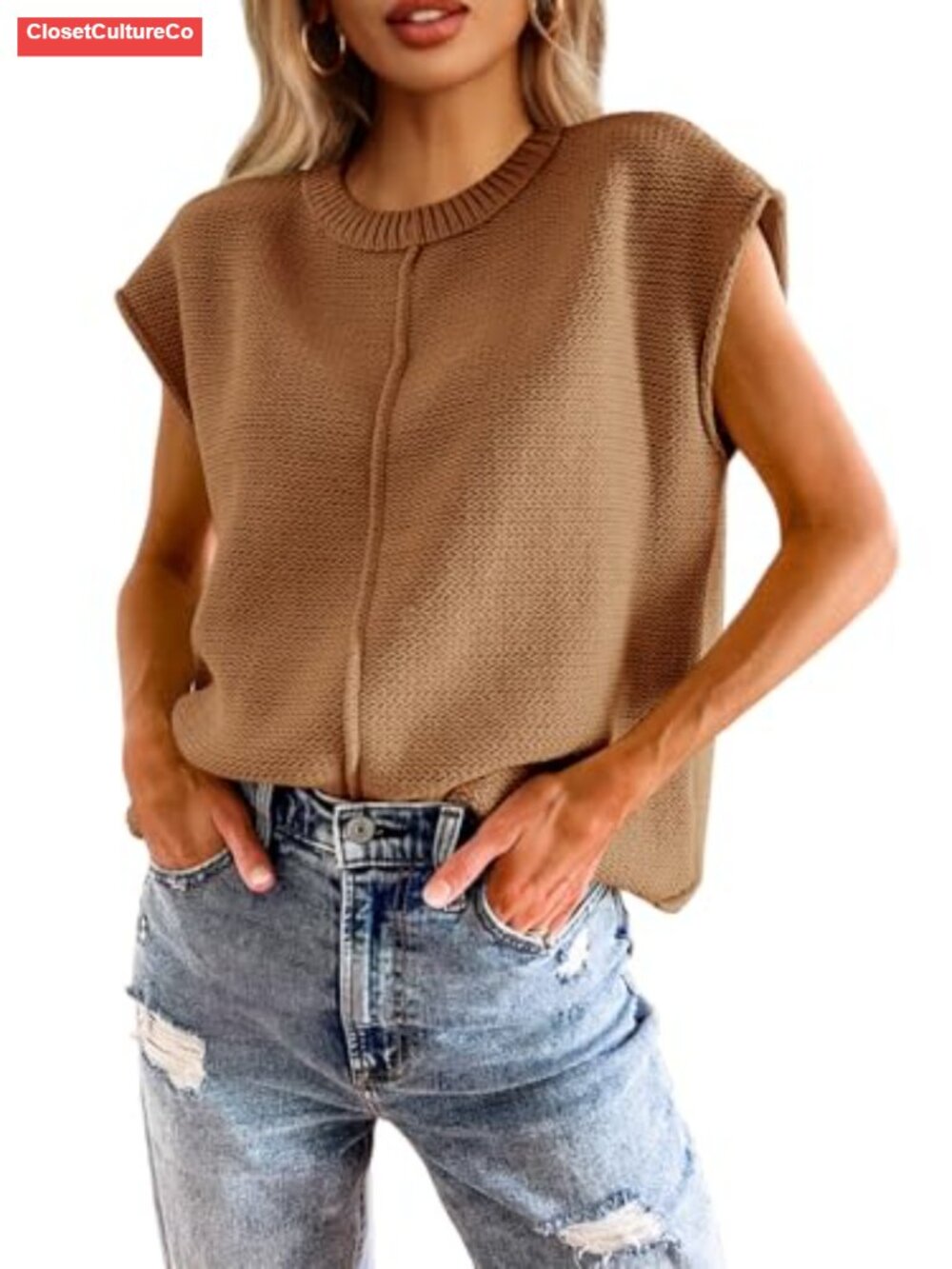 Womens Sweater Vest Cap Sleeve Crewneck Loose Knit Pullover Top